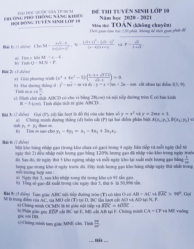 Đề thi vào 10 môn Toán trường Phổ thông Năng khiếu TP Hồ Chí Minh 2020-2021