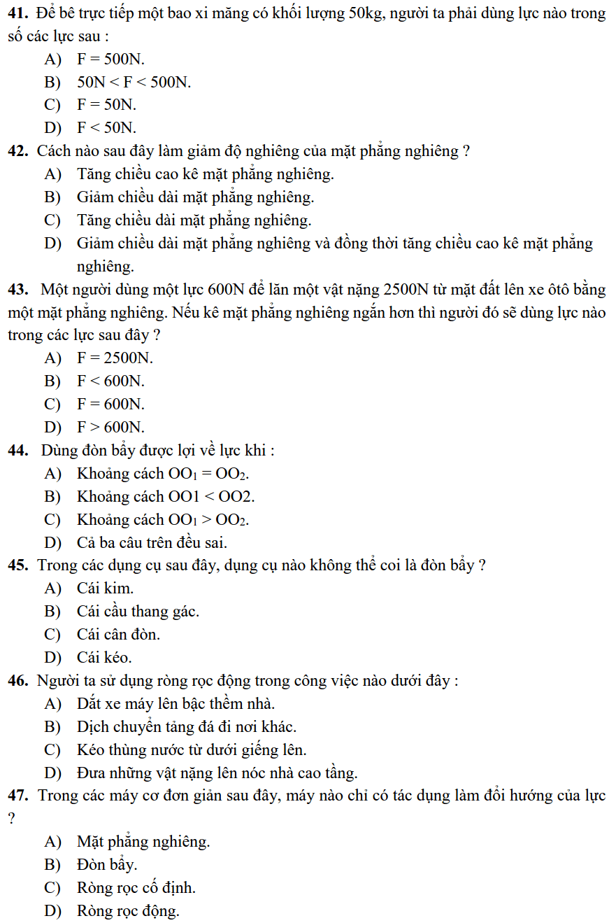 80 câu hỏi trắc nghiệm Vật Lý 6 có đáp án
