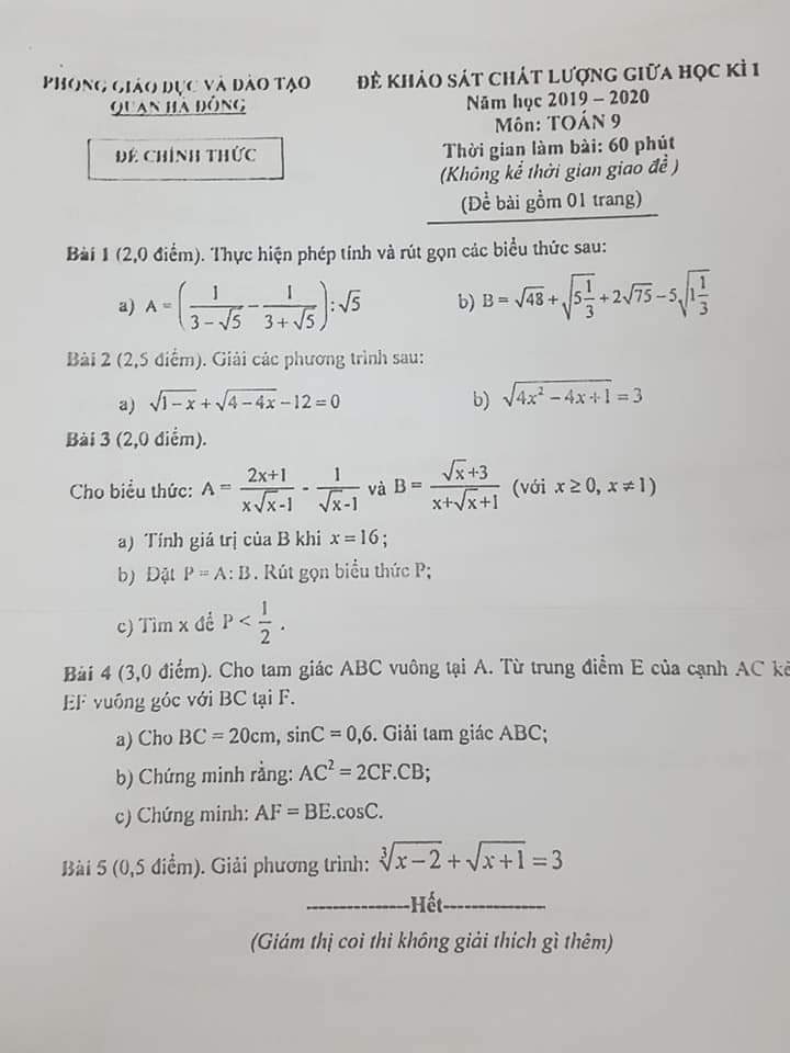 Đề kiểm tra giữa HK1 Toán lớp 9 quận Hà Đông 2019-2020