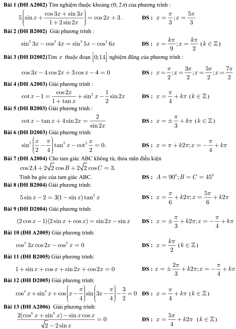 38 câu lượng giác trong đề thi đại học 2002 - 2014