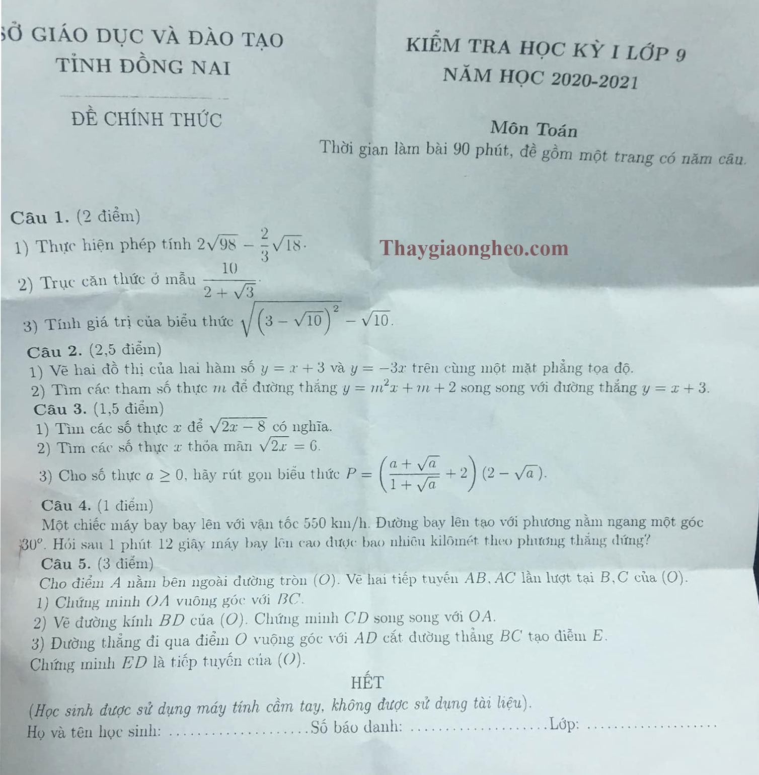 Đề kiểm tra HK1 Toán lớp 9 tỉnh Đồng Nai 2020-2021