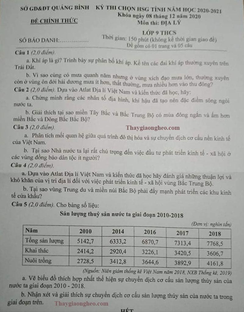 Đề thi HSG Địa lý lớp 9 tỉnh Quảng Bình 2020-2021
