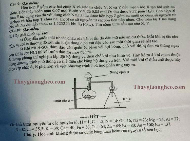 Đề thi HSG lớp 12 môn Hóa học tỉnh Thanh Hóa 2020-2021-2