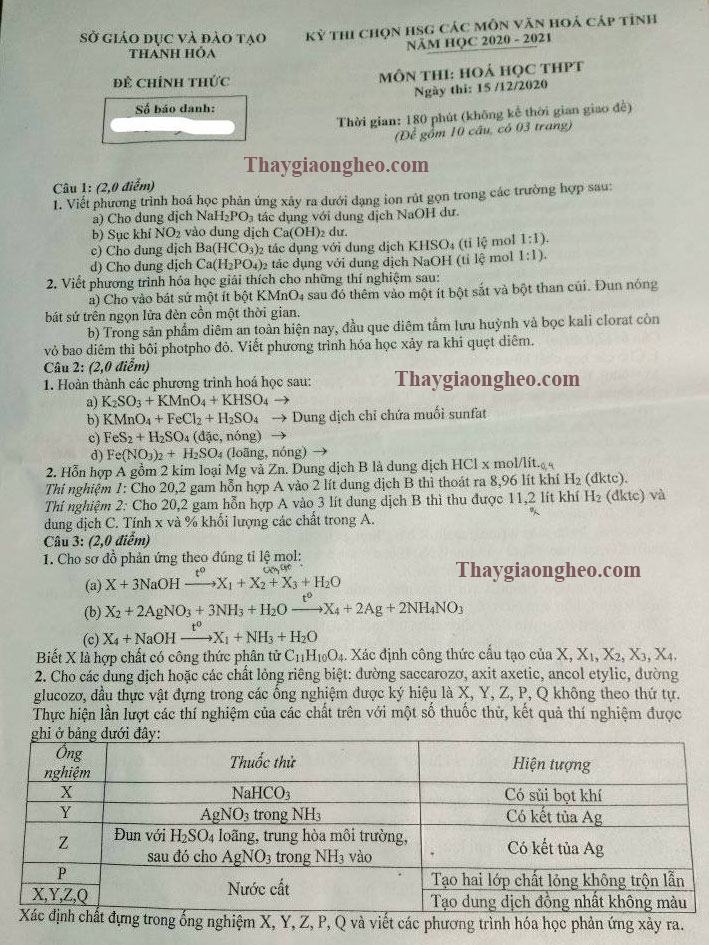 Đề thi HSG lớp 12 môn Hóa học tỉnh Thanh Hóa 2020-2021