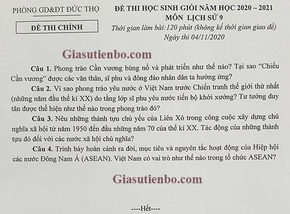 Đề thi HSG Lịch sử 9 huyện Đức Thọ, Hà Tĩnh 2020-2021