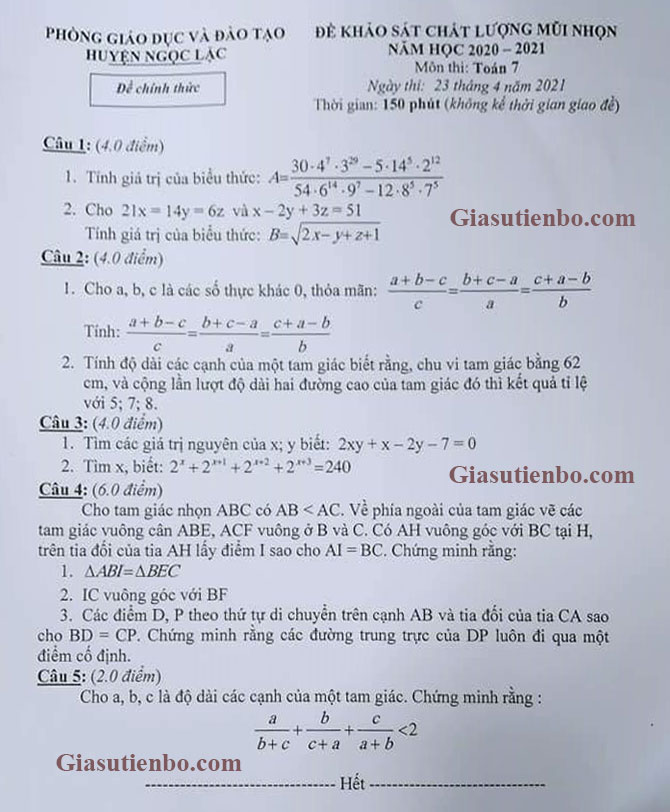 Đề thi HSG Toán 7 huyện Ngọc Lặc, Thanh Hóa 2020-2021